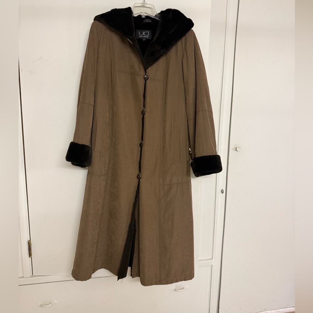 Women's Brown Long Coat with Black Trim